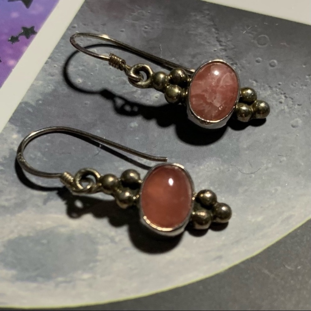 Vintage rodochrosite gemstone sterling earrings - Picture 6 of 10